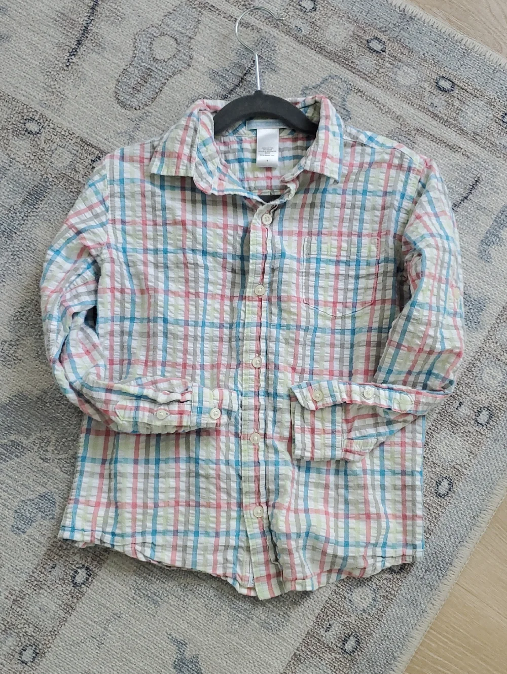 Janie and Jack Boys Seersucker Pastel Plaid Button Up Cotton Shirt Sz6